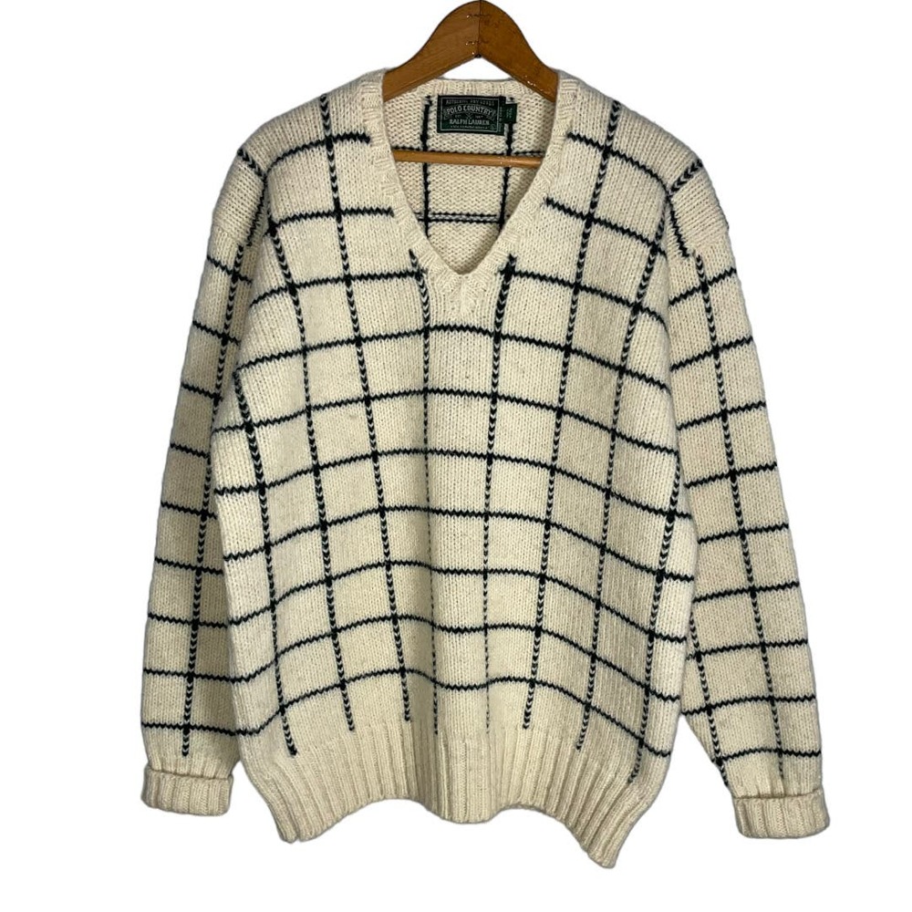 Polo Country Ralph Lauren 100% Wool Hand Knit Plaid V Neck Sweater       Size: L
